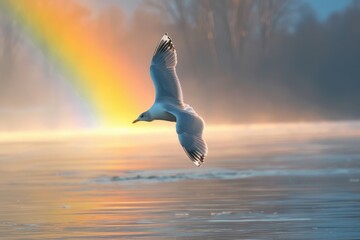 The rainbow on the lake, a white bird