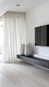 A white painted wall, a long and low black painted wooden sideboard, clay vases in a white shade of different sizes, a TV on the wall, a transparent white curtain, long wide tiled wooden parquet