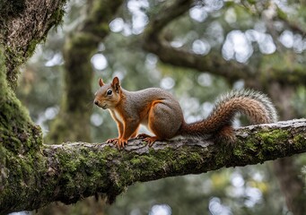 Squirrel Perched on a Mossy Branch