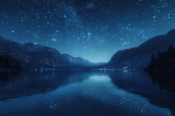 At night, the reflection of the starry sky and the lake surface