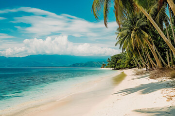 Tropical white sand beach with coco palms and the turquoise sea on