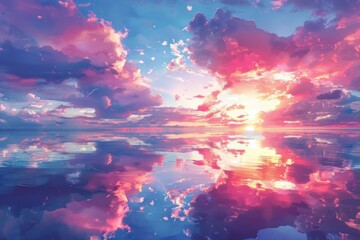 Fototapeta premium At sunset, red sunset and reflection on the lake surface