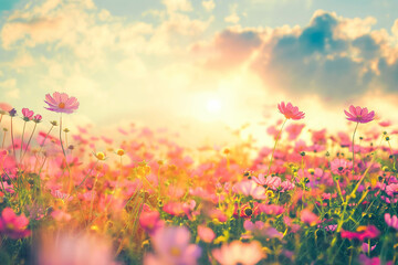 Fototapeta premium Vintage landscape nature background of beautiful cosmos flower field on sky with sunlight in spring. vintage color tone filter effect