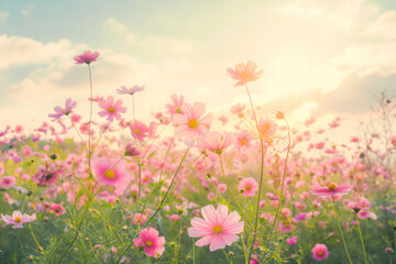 Vintage landscape nature background of beautiful cosmos flower field on sky with sunlight in spring. vintage color tone filter effect