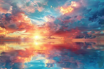 At sunset, red sunset and reflection on the lake surface
