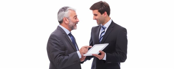 Businessmen discussing work on tablet