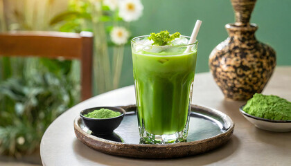 青汁。グラス。朝食。食卓。コピースペース。Green juice. Glass. Breakfast. Dining table. Copy space.