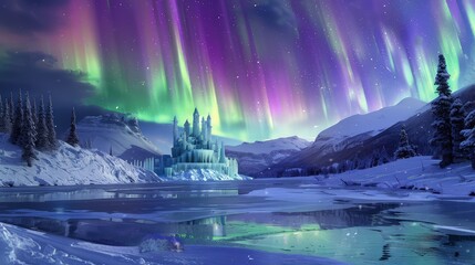Obraz premium A snowy landscape with an ice palace, aurora borealis shimmering in the sky above, and a frozen lake reflecting the colorful lights.