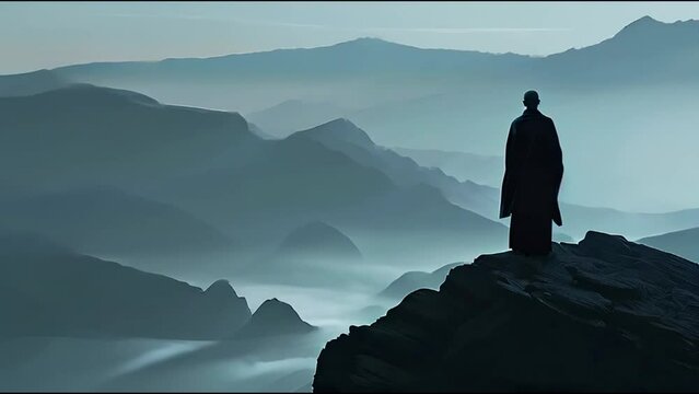 A Monk Standing Alone on Top of a Rocky Outcropping Looking at a Misty Mountain Landscape