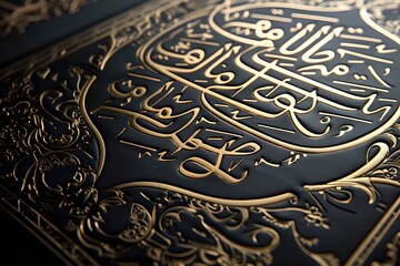 Close up of a beautifully embossed Quran cover with intricate gold lettering