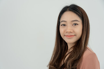working woman, smiling Asia girl in work clothes, freelance, out site, research, copy space, happy cheerful cute business, positive energy, Business plan, female executive, work from home
