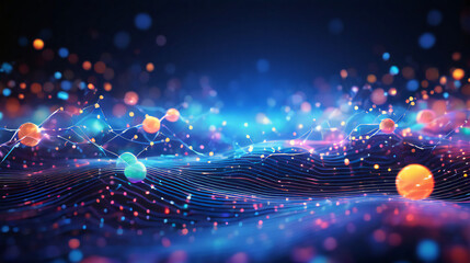 Fototapeta premium 3d illustration of neural network big data and cybersecurity data stream background with particles and light spots.