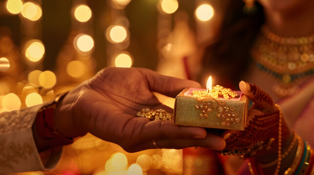 Indian man giving surprise gift to wife jewellery on Diwali or Wedding anniversary selective focus : Generative AI