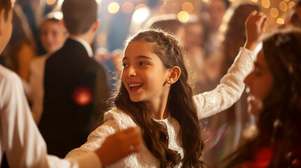 A joyous family celebration during a Bar or Bat Mitzvah, with traditional music and dance, capturing the essence of coming of age in the Jewish faith, Jewish, celebration, hd, joyo