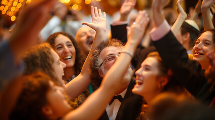 A joyous family celebration during a Bar or Bat Mitzvah, with traditional music and dance, capturing the essence of coming of age in the Jewish faith, Jewish, celebration, hd, joyo