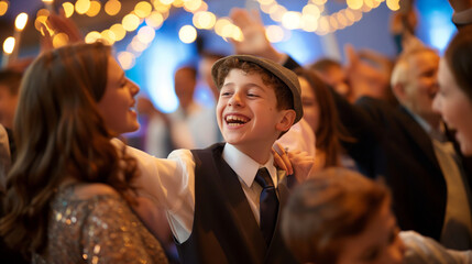 A joyous family celebration during a Bar or Bat Mitzvah, with traditional music and dance, capturing the essence of coming of age in the Jewish faith, Jewish, celebration, hd, joyo