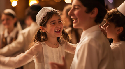 A joyous family celebration during a Bar or Bat Mitzvah, with traditional music and dance, capturing the essence of coming of age in the Jewish faith, Jewish, celebration, hd, joyo