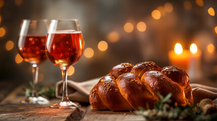 An artistic representation of Challah bread and wine, embodying the significance of the Shabbat meal and the communal spirit in Jewish culture, Jewish, Shabbat, hd, communal with c