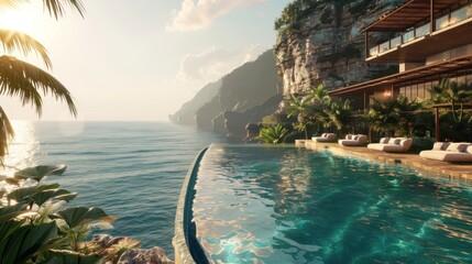 Obraz premium A beautiful ocean view with a pool and palm trees. Generate AI image