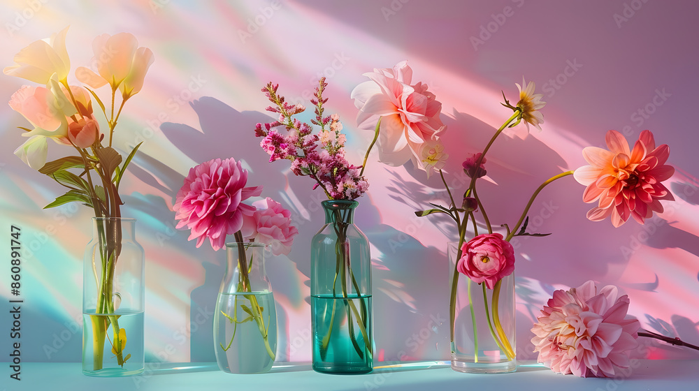 Poster beautiful flowers in glass vases on pastel sunlit background with shadows nature concept minimal sty