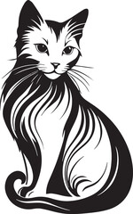 Sitting cat black and white silhouette, vector illustration