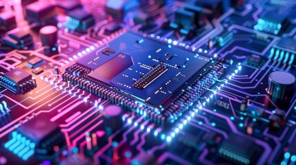 Fototapeta premium Close-up of an illuminated microchip on a colorful circuit board, showcasing advanced technology and electronic components.