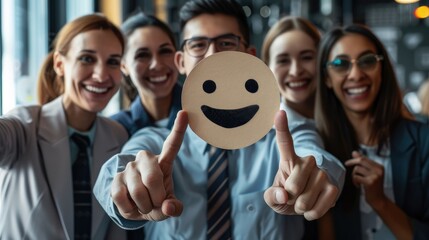 Celebrating exceptional service satisfaction, Business people pointing at happy smiley face on virtual screen