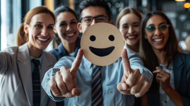 Celebrating exceptional service satisfaction, Business people pointing at happy smiley face on virtual screen