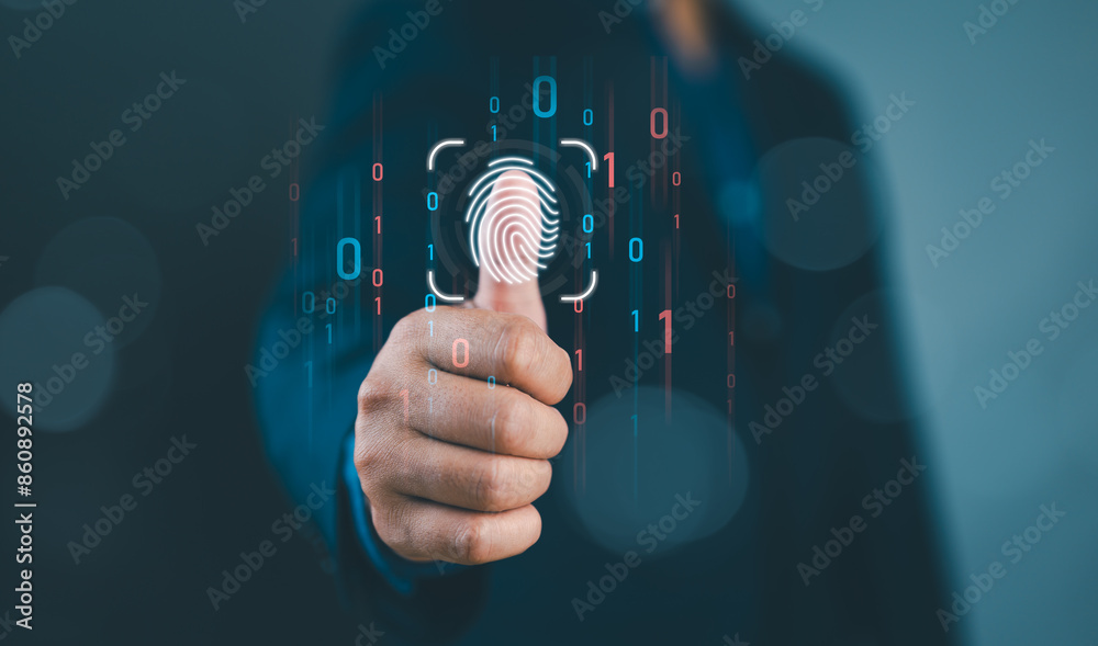 Aufkleber Businessman holding virtual fingerprint and binary code for internet access and biometric encryption for cybersecurity network and user security concept.
