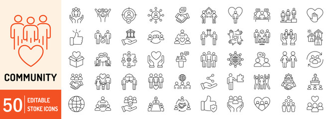Community editable stroke outline web icons set. Community, social, friendship, people, village, relationships, diversity, support and development. Vector illustration