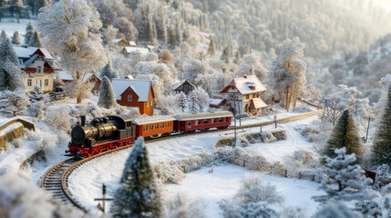 Miniature Toy Winter Landscape with Railway