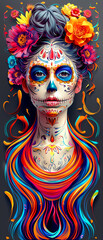 Obraz premium A woman with a colorful flower headdress and a skull on her face. The skull is surrounded by flowers and the woman's face is painted with a colorful design