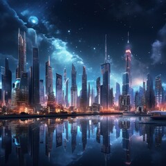 Obraz premium Futuristic city skyline night architecture illuminated.