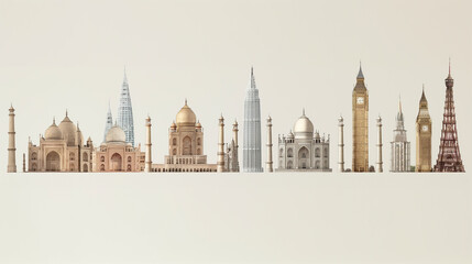 Obraz premium Minimalist illustrations of iconic landmarks from around the world arranged in rows. Shows the relative heights of those locations.