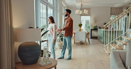 Couple, hug and new home with love, care and property investment in a lounge with marriage. Living room, view and morning in a house with smile and happy people together with romance and trust - Powered by Adobe