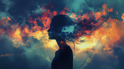 A silhouette of a woman with fiery hair against a dramatic, colorful sky.