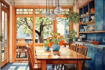 Fototapeta premium Watercolor kitchen room architecture furniture building.