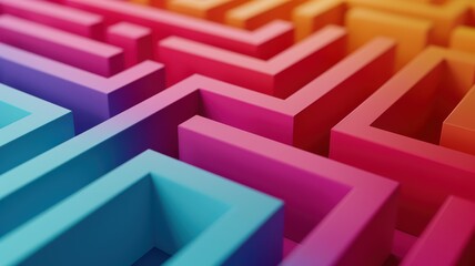 Colorful 3D Abstract Maze with Gradient Hues of Red, Pink, Orange, and Blue Creating a Vibrant Geometric Pattern