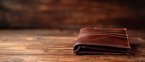 Elegant Brown Leather Wallet on Rustic Wooden Table with Warm Lighting and Detailed Stitching