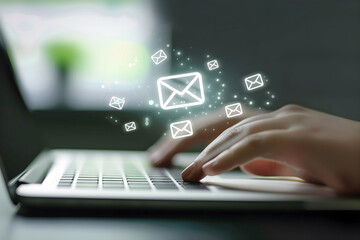 A person typing on a laptop with digital envelope icons floating above, representing email communication and online messaging