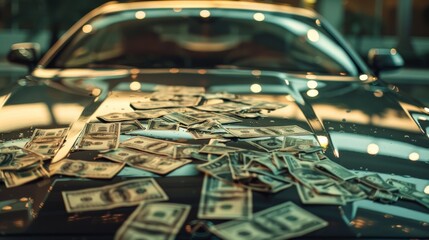 Money scattered on a luxury car hood showcasing wealth and success