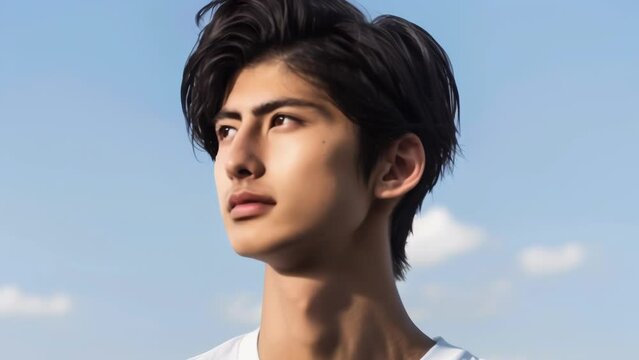 Profile view of a young man with striking features against a blue sky. Tousled dark hair catches light. Strong jawline and defined nose create a bold silhouette. 