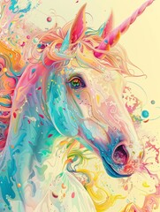 Unicorn head with vibrant colors and a whimsical smile, surrounded by magical elements, Japanese animation