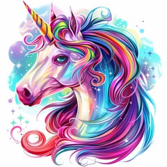 Elegant unicorn head with vibrant colors and a gentle expression, surrounded by magical elements, Japanese animation style