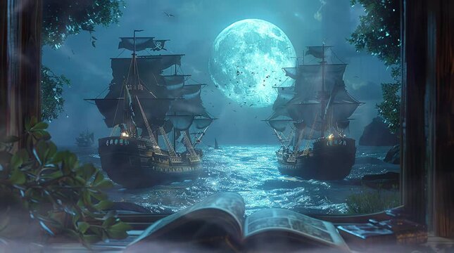 Galleon sailing on the ocean in a fantasy night illuminated by the full moon. Mystical and adventurous maritime scene.
 Seamless looping 4k time-lapse virtual video animation background. Generated AI