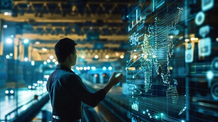Obraz premium review of international logistics shipping ships in ports with hologram technology
