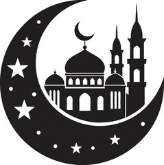 Moon with mosque vector silhouette design

