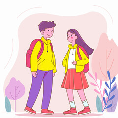 Flat Design Illustration of Cute Boy Girl Character Wearing Backpack Back to School