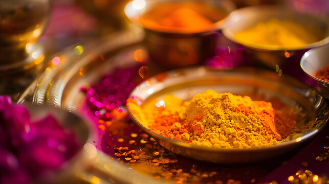 Indian Wedding Essentials at the time of Haldi Ceremony or Pithi Ceremony Selective Focus is used : Generative AI