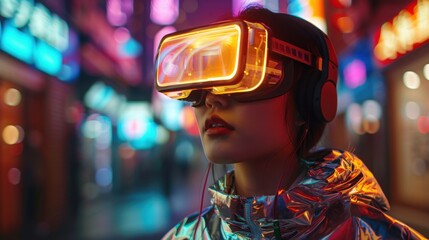 In a futuristic jacket, a woman uses a VR headset to navigate a vibrant digital world, illustrating the excitement and innovation in virtual reality technology.
